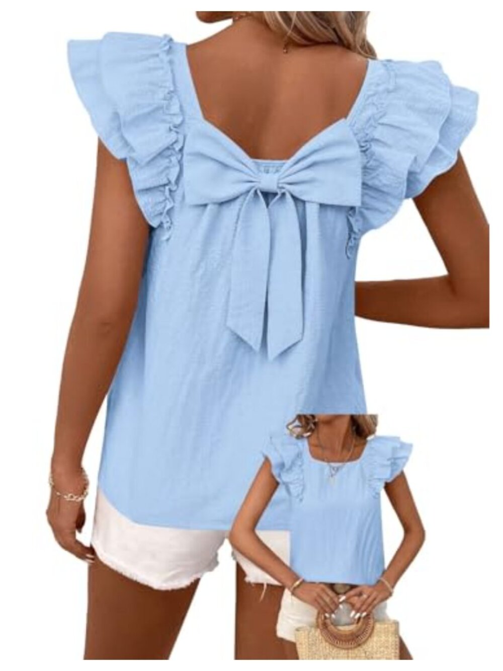 Womens Bow Tie Back Babydoll Top Ruffle Short Sleeve Blouse